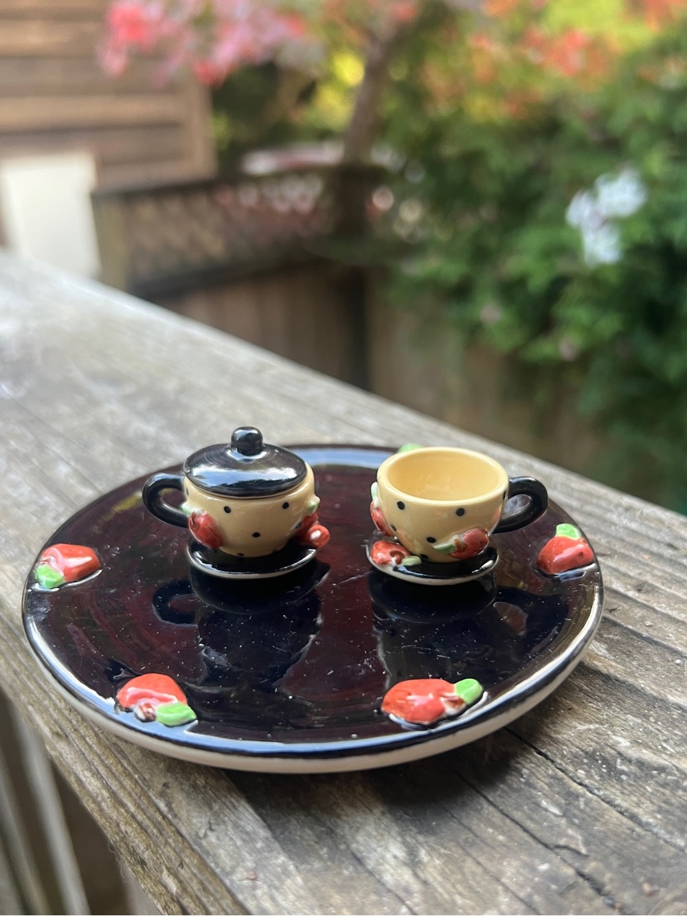 Hand-Painted Mini Tea Set with Black and Cream Finish vintage rare